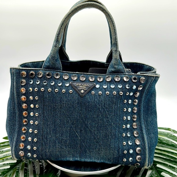 Prada Handbags - PRADA Canapa Denim Hand Bag Shoulder Bag 2WAY Bijou Rhinestone Tote Bag